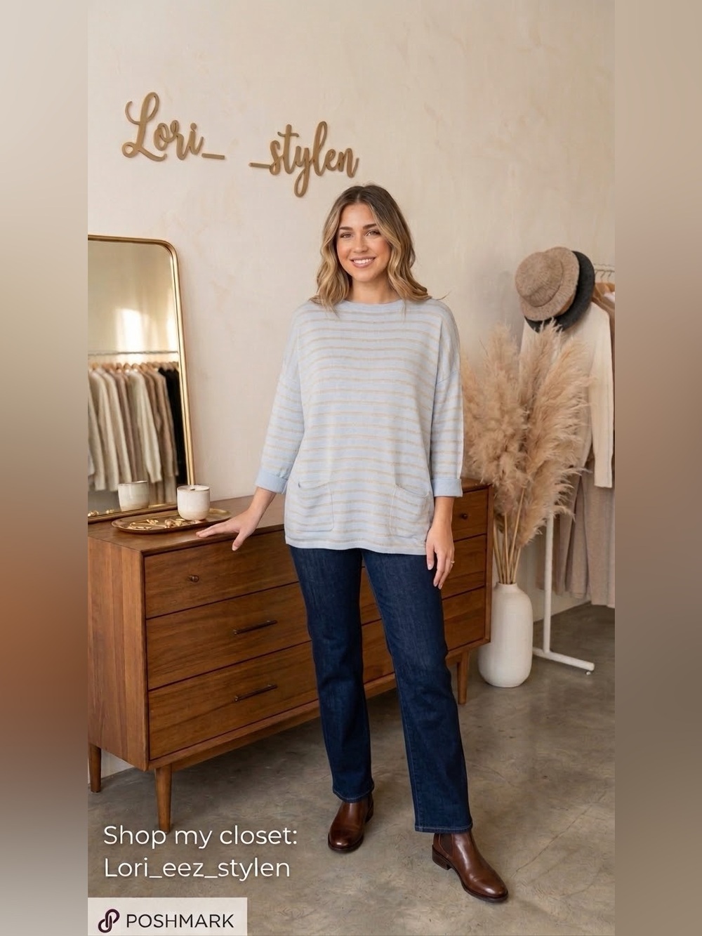 Lilly Pulitzer Pale Blue & Cream Striped Crewneck Sweater